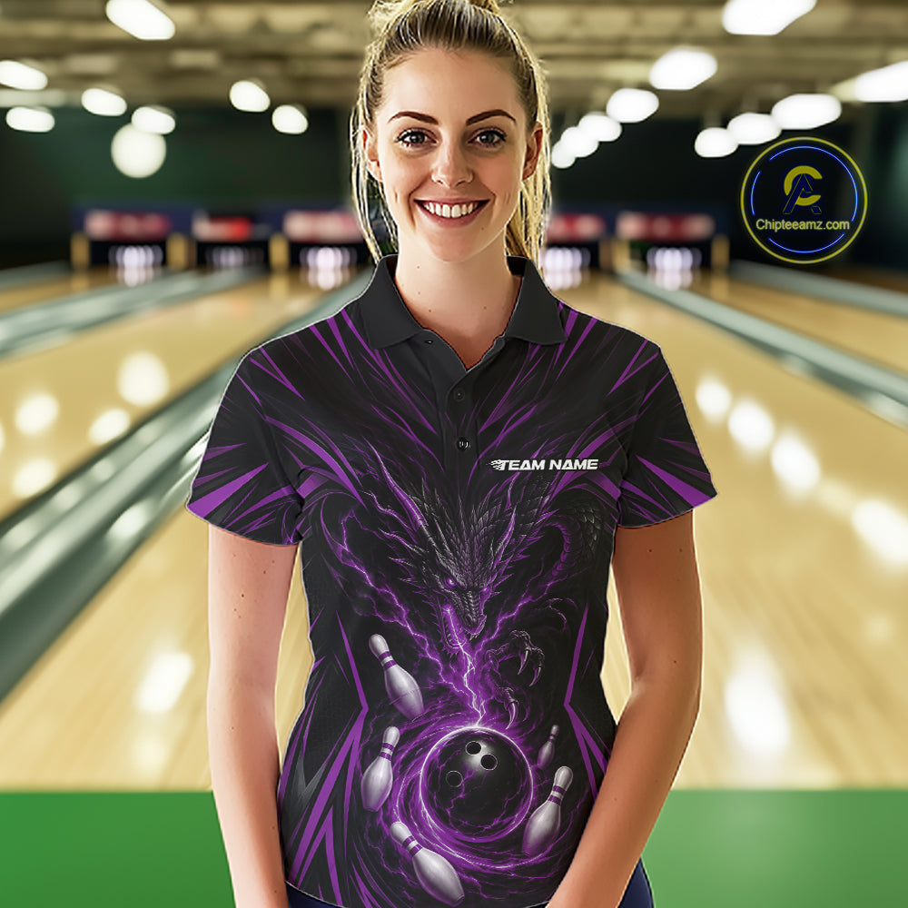 Custom Black And Purple Lightning Dragon Bowling Women Polo Shirt, Bowling League Shirt IPHW11840