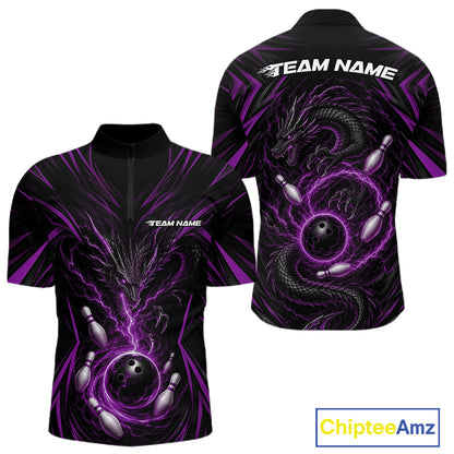Custom Black And Purple Lightning Dragon Bowling Men Quarter Zip Shirt, Bowling League Shirt IPHW11840