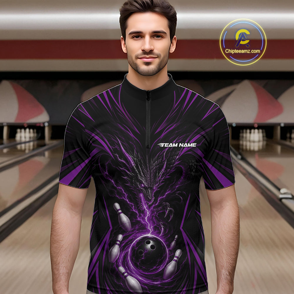 Custom Black And Purple Lightning Dragon Bowling Men Quarter Zip Shirt, Bowling League Shirt IPHW11840