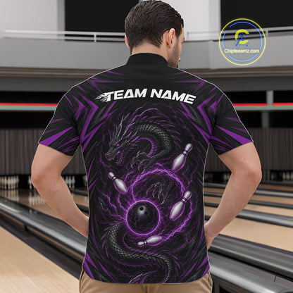 Custom Black And Purple Lightning Dragon Bowling Men Quarter Zip Shirt, Bowling League Shirt IPHW11840