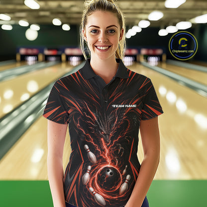 Custom Black And Orange Lightning Dragon Bowling Women Polo Shirt, Bowling League Shirt IPHW11841