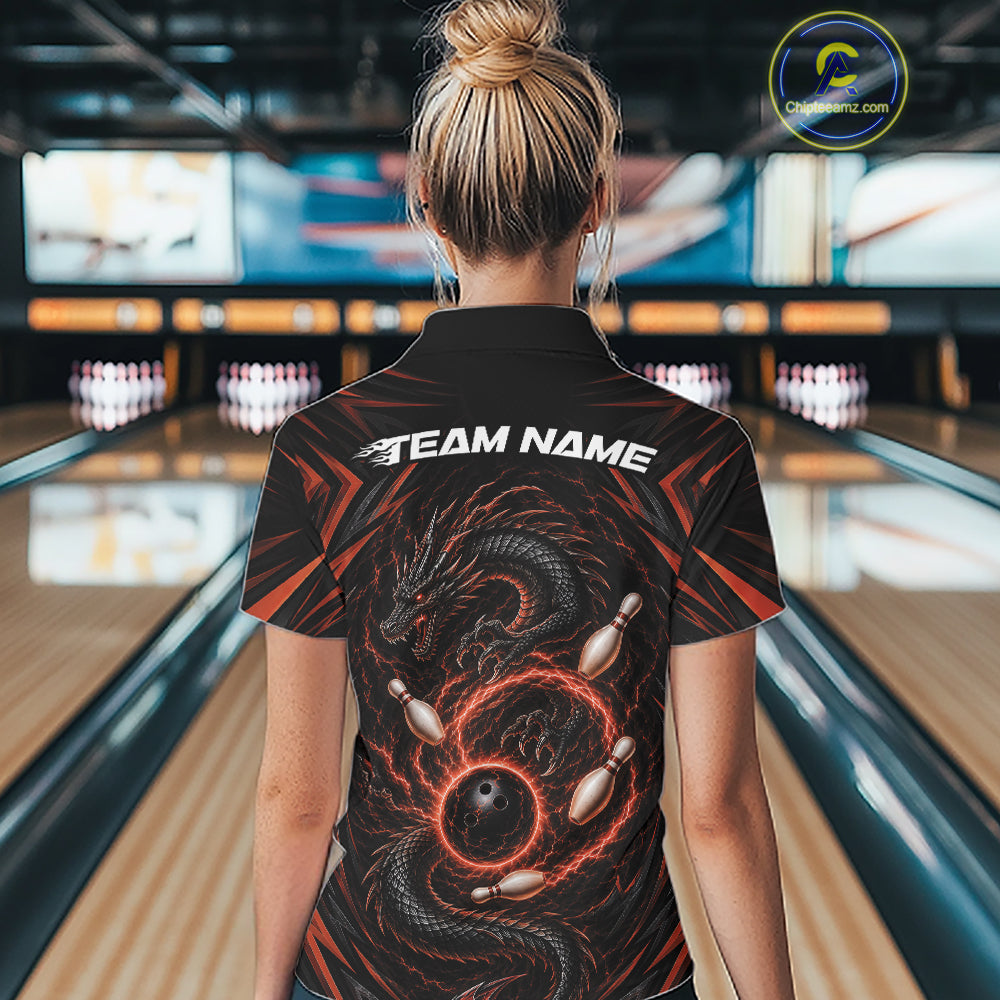 Custom Black And Orange Lightning Dragon Bowling Women Polo Shirt, Bowling League Shirt IPHW11841
