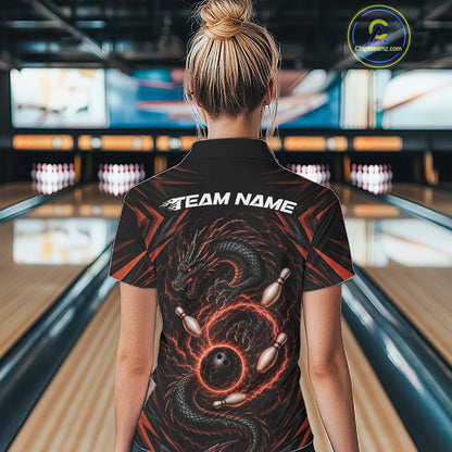 Custom Black And Orange Lightning Dragon Bowling Women Polo Shirt, Bowling League Shirt IPHW11841