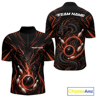 Custom Black And Orange Lightning Dragon Bowling Men Quarter Zip Shirt, Bowling League Shirt IPHW11841