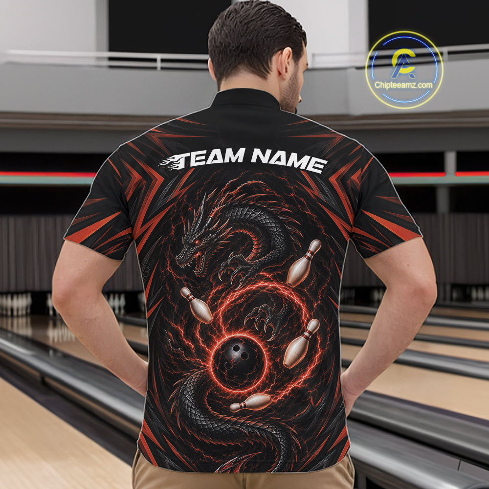 Custom Black And Orange Lightning Dragon Bowling Men Quarter Zip Shirt, Bowling League Shirt IPHW11841