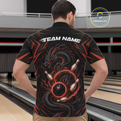 Custom Black And Orange Lightning Dragon Bowling Men Quarter Zip Shirt, Bowling League Shirt IPHW11841