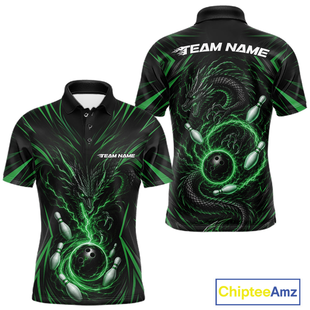 Custom Black And Green Lightning Dragon Bowling Team Men Polo Shirt, Bowling League Shirt IPHW11842
