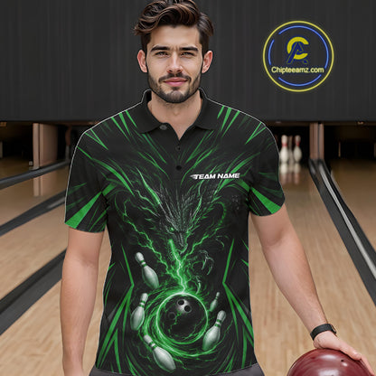 Custom Black And Green Lightning Dragon Bowling Team Men Polo Shirt, Bowling League Shirt IPHW11842