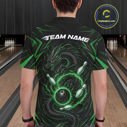 Custom Black And Green Lightning Dragon Bowling Team Men Polo Shirt, Bowling League Shirt IPHW11842