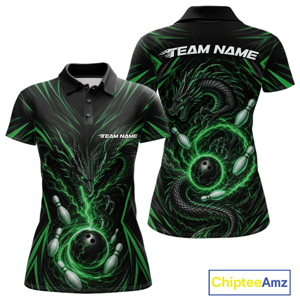 Custom Black And Green Lightning Dragon Bowling Team Women Polo Shirt, Bowling League Shirt IPHW11842