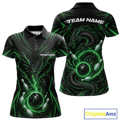 Custom Black And Green Lightning Dragon Bowling Team Women Polo Shirt, Bowling League Shirt IPHW11842