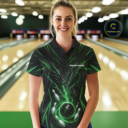Custom Black And Green Lightning Dragon Bowling Team Women Polo Shirt, Bowling League Shirt IPHW11842