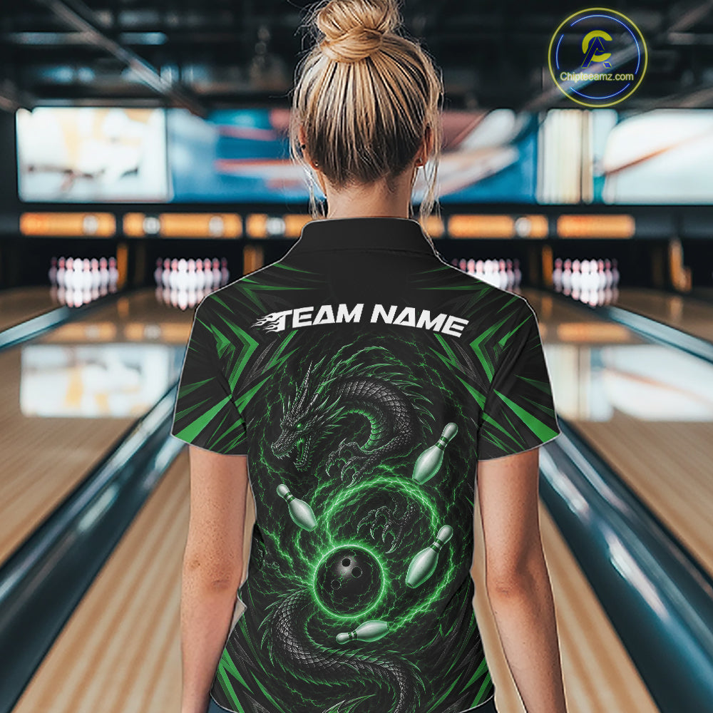 Custom Black And Green Lightning Dragon Bowling Team Women Polo Shirt, Bowling League Shirt IPHW11842