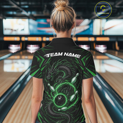 Custom Black And Green Lightning Dragon Bowling Team Women Polo Shirt, Bowling League Shirt IPHW11842