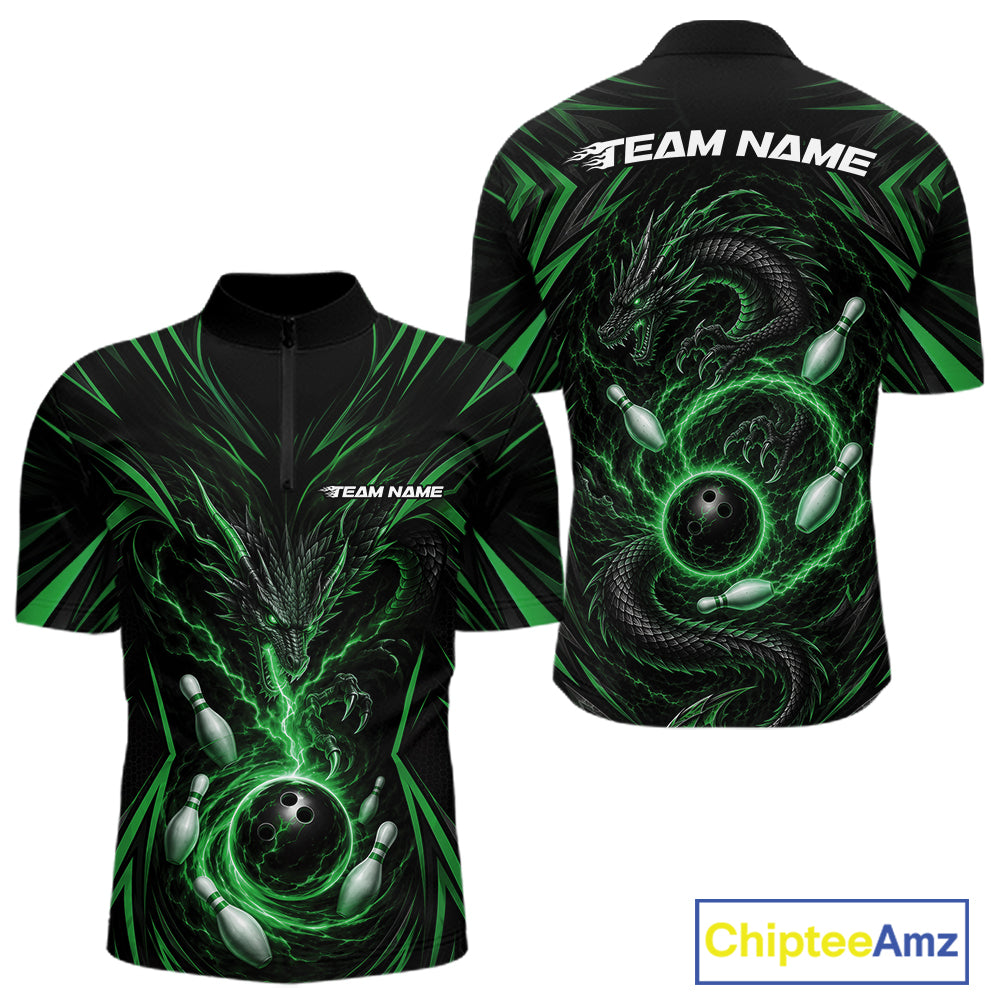 Custom Black And Green Lightning Dragon Bowling Team Men Quarter Zip Shirt, Bowling League Shirt IPHW11842