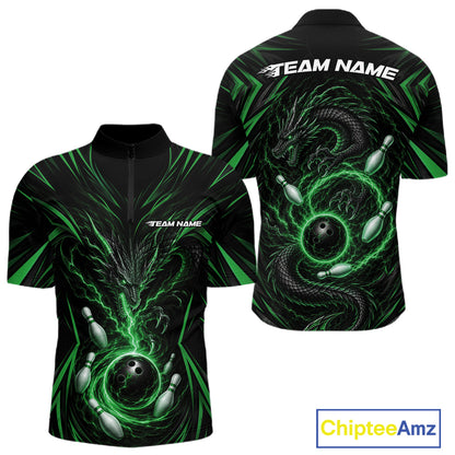 Custom Black And Green Lightning Dragon Bowling Team Men Quarter Zip Shirt, Bowling League Shirt IPHW11842