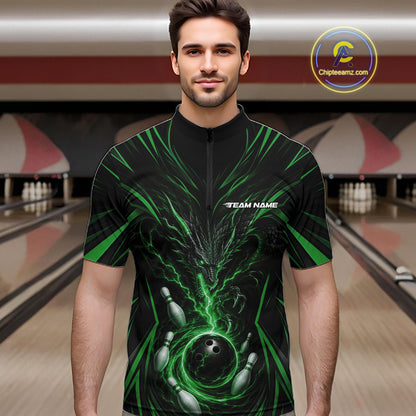 Custom Black And Green Lightning Dragon Bowling Team Men Quarter Zip Shirt, Bowling League Shirt IPHW11842
