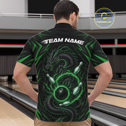 Custom Black And Green Lightning Dragon Bowling Team Men Quarter Zip Shirt, Bowling League Shirt IPHW11842