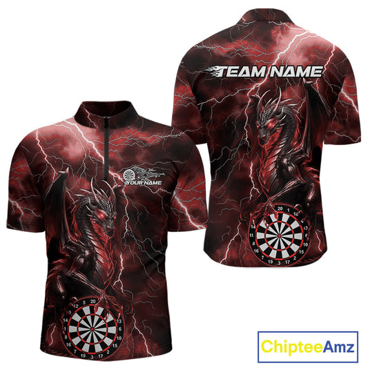 Custom Red Thunder Lightning Dragon Dart Team Quarter-Zip Shirt For Men, Dart League Shirt IPHW9997