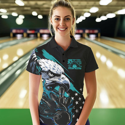 Black And Blue American Flag Eagle Custom Patriotic Flame Bowling Team Women Polo Shirts IPHW8849