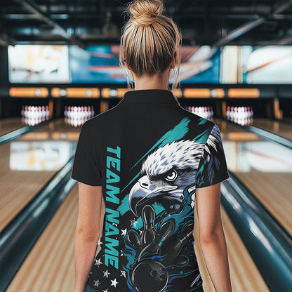 Black And Blue American Flag Eagle Custom Patriotic Flame Bowling Team Women Polo Shirts IPHW8849