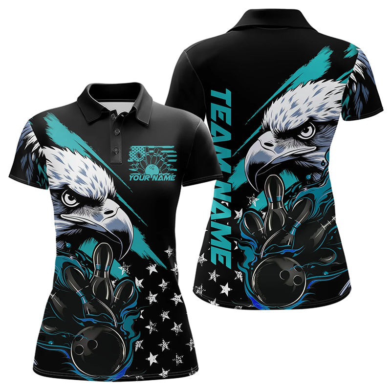 Black And Blue American Flag Eagle Custom Patriotic Flame Bowling Team Women Polo Shirts IPHW8849