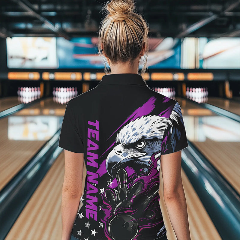 Black And Purple American Flag Eagle Custom Patriotic Flame Bowling Team Women Polo Shirts IPHW8850