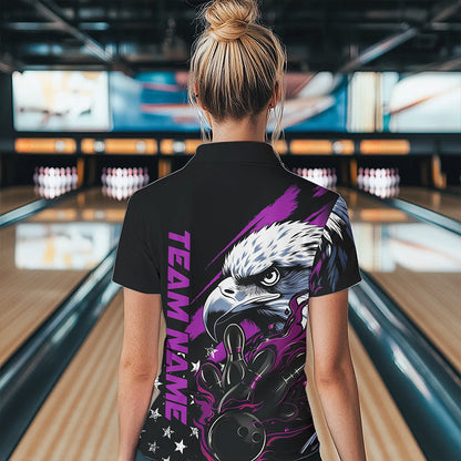 Black And Purple American Flag Eagle Custom Patriotic Flame Bowling Team Women Polo Shirts IPHW8850
