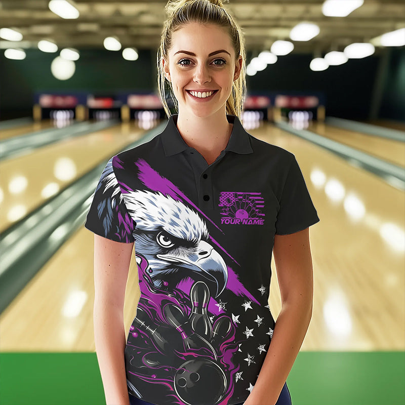 Black And Purple American Flag Eagle Custom Patriotic Flame Bowling Team Women Polo Shirts IPHW8850