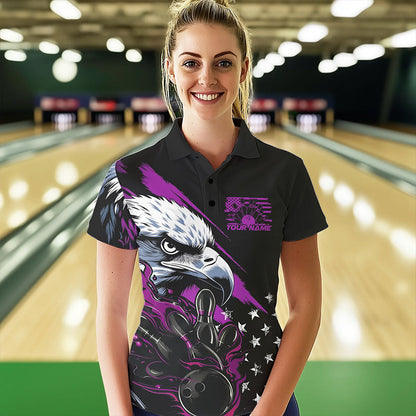 Black And Purple American Flag Eagle Custom Patriotic Flame Bowling Team Women Polo Shirts IPHW8850
