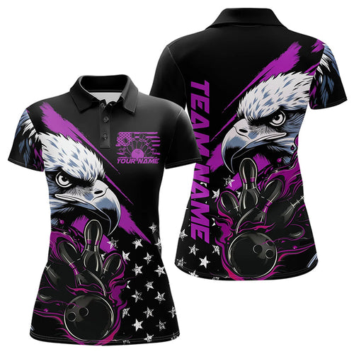 Black And Purple American Flag Eagle Custom Patriotic Flame Bowling Team Women Polo Shirts IPHW8850
