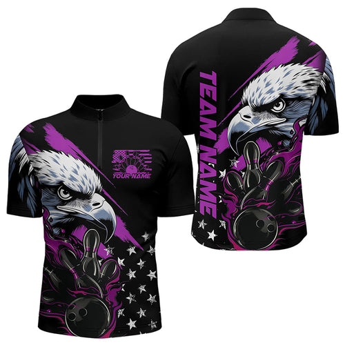 Black And Purple American Flag Eagle Custom Patriotic Flame Bowling Team Men Quarter-Zip Shirts IPHW8850