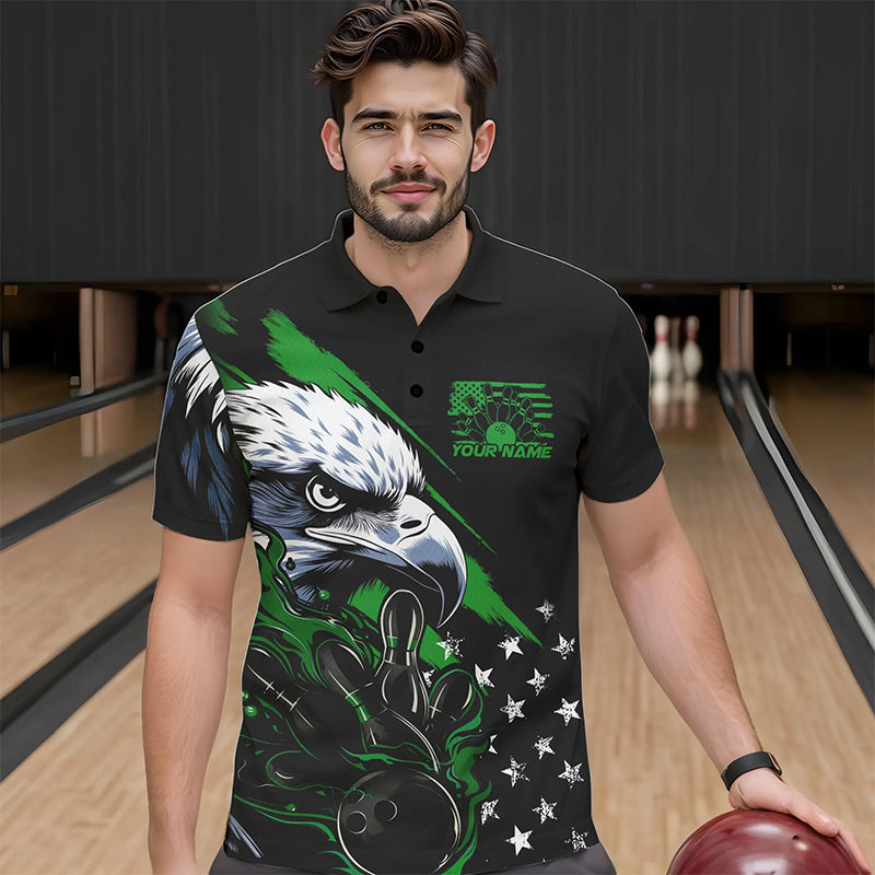 Black And Green American Flag Eagle Custom Patriotic Flame Bowling Team Men Polo Shirts IPHW8851
