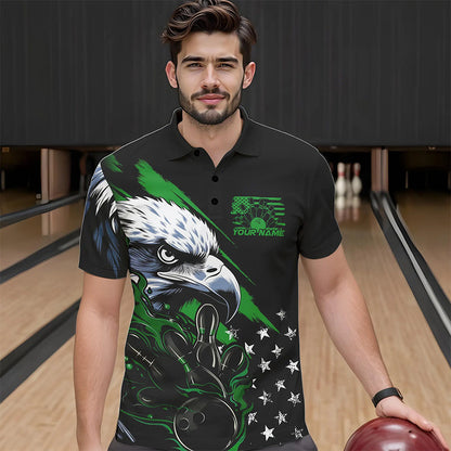 Black And Green American Flag Eagle Custom Patriotic Flame Bowling Team Men Polo Shirts IPHW8851