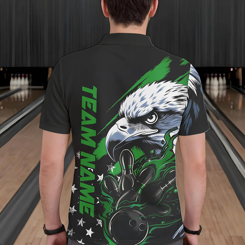 Black And Green American Flag Eagle Custom Patriotic Flame Bowling Team Men Polo Shirts IPHW8851