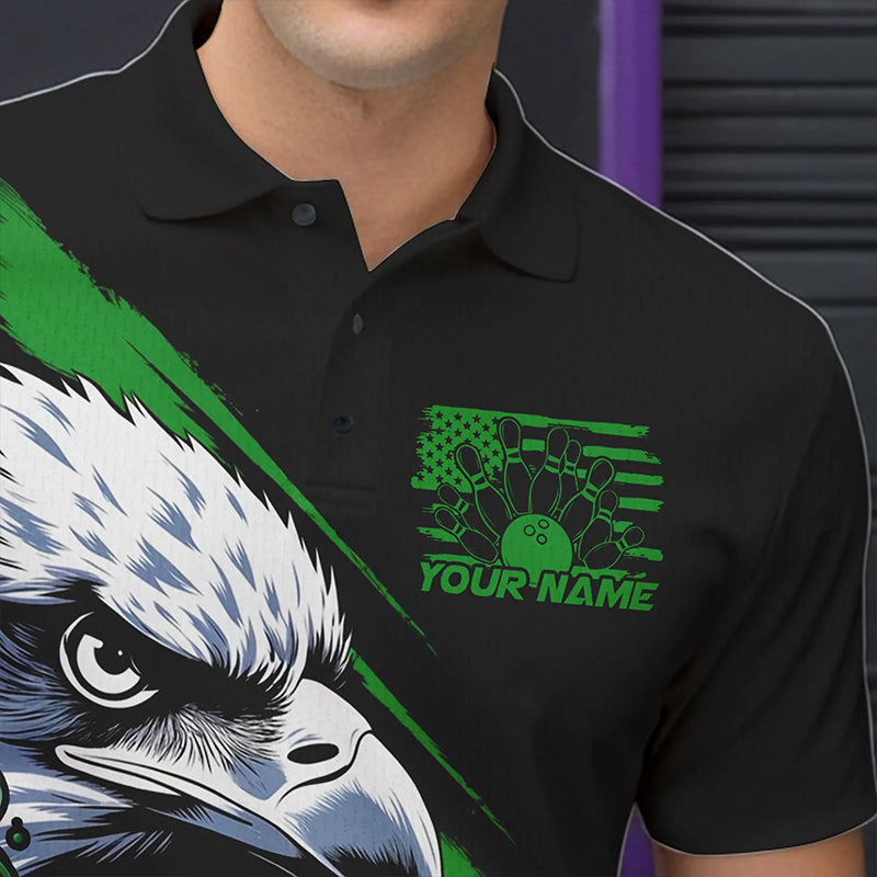 Black And Green American Flag Eagle Custom Patriotic Flame Bowling Team Men Polo Shirts IPHW8851