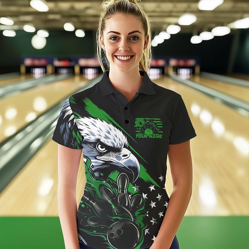 Black And Green American Flag Eagle Custom Patriotic Flame Bowling Team Women Polo Shirts IPHW8851