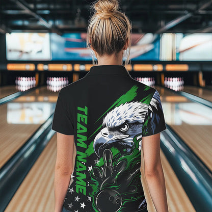 Black And Green American Flag Eagle Custom Patriotic Flame Bowling Team Women Polo Shirts IPHW8851