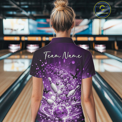 Custom Elegant Purple Roses And Butterfly Women Bowling Shirt, Bowling League Shirt IPHW10927