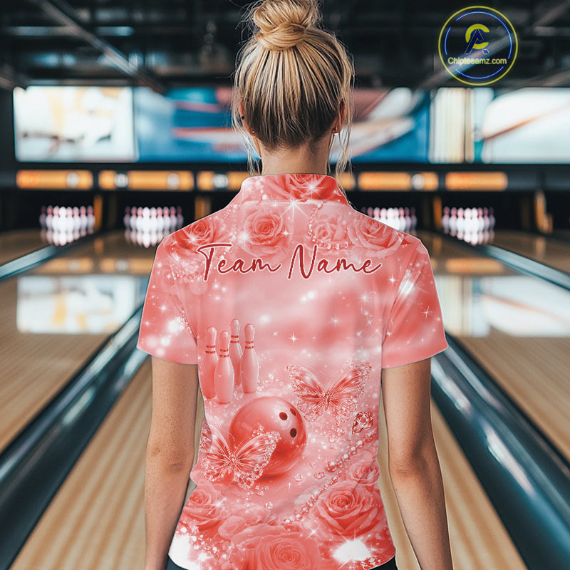 Custom Elegant Red Roses And Butterfly Women Bowling Polo Shirts, Ladies Outfit IPHW10936