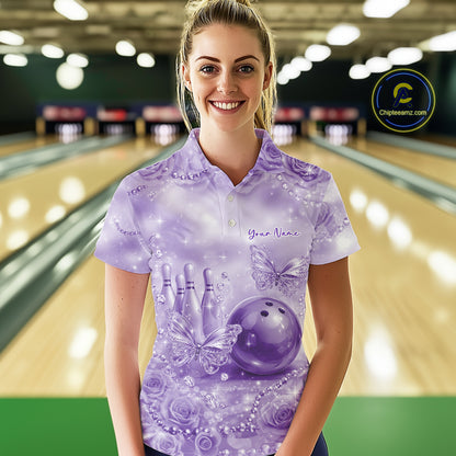 Custom Elegant Purple Roses And Butterfly Women Bowling Polo Shirts, Ladies Outfit IPHW10938