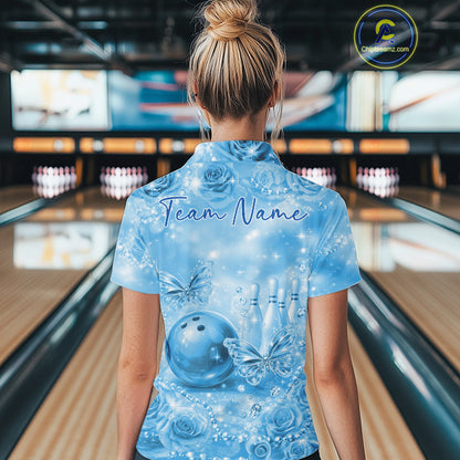 Custom Elegant Blue Roses And Butterfly Women Bowling Polo Shirts, Ladies Outfit IPHW10939