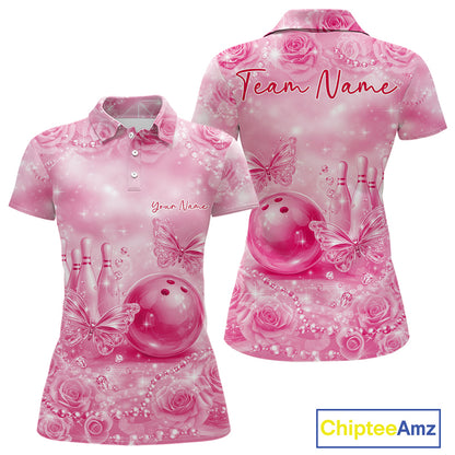 Custom Elegant Pink Roses And Butterfly Women Bowling Polo Shirts, Ladies Outfit IPHW10941