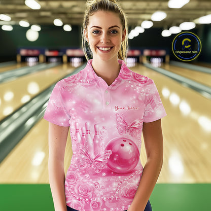 Custom Elegant Pink Roses And Butterfly Women Bowling Polo Shirts, Ladies Outfit IPHW10941