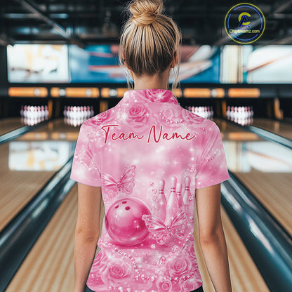 Custom Elegant Pink Roses And Butterfly Women Bowling Polo Shirts, Ladies Outfit IPHW10941
