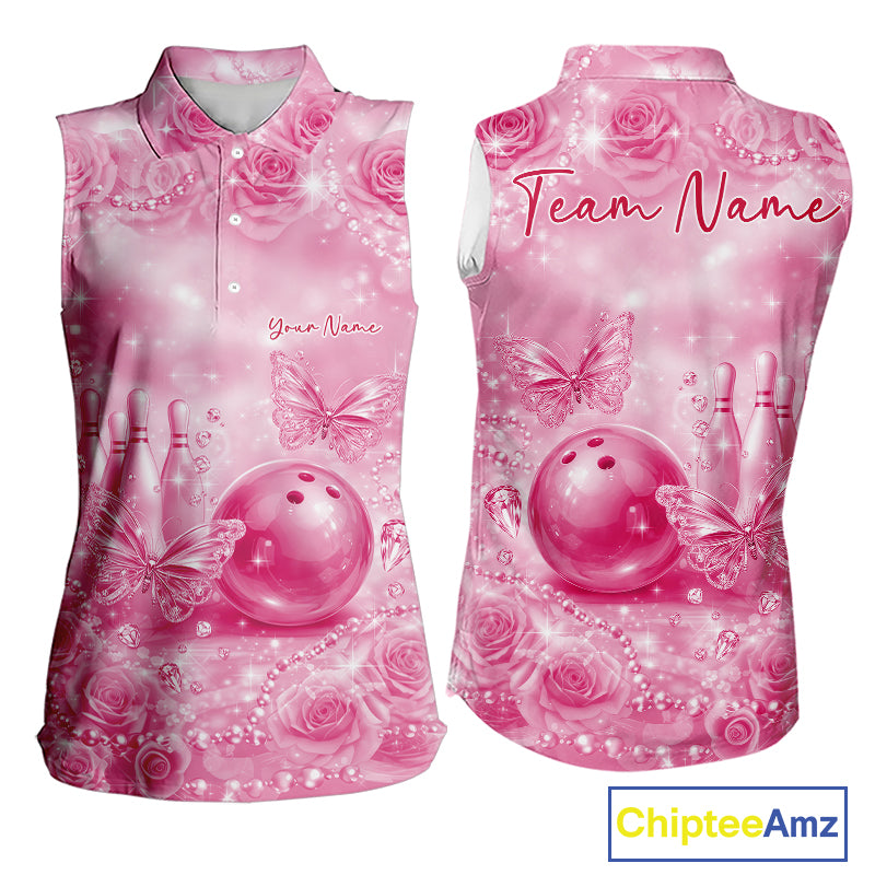 Custom Elegant Pink Roses And Butterfly Women Bowling Sleeveless Polo Shirts, Ladies Outfit IPHW10941