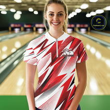 Load image into Gallery viewer, Woman wearing a red and white patterned bowling shirt in a bowling alley.