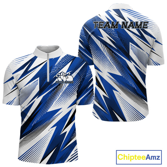 Blue and white sports jersey with geometric pattern on a white background