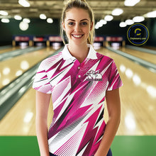 Load image into Gallery viewer, Woman wearing a pink and white bowling shirt with a logo in a bowling alley.