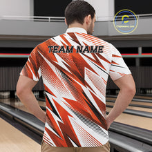 Load image into Gallery viewer, Person wearing a red and white bowling shirt with 'TEAM NAME' on a bowling alley.